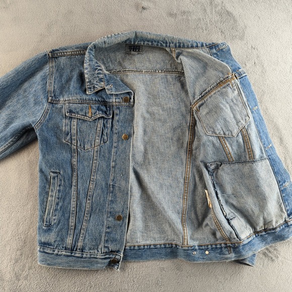 Vintage 90s Trucker Denim Jacket Mens 42T XL Tall Blue Make Hong Kong - Picture 9 of 13